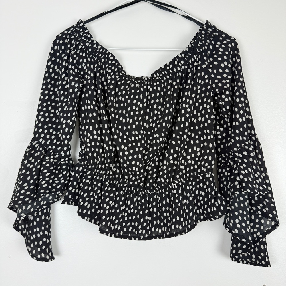 NWT Express Black & White Polka Dot Peplum Blouse Flowy Ruffle Long Sleeve Top